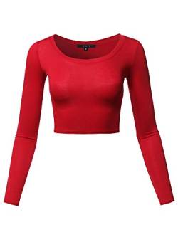 Damen Basic Solid Stretchable Rundhalsausschnitt Langarm Crop Top - Rot - Klein von A2Y