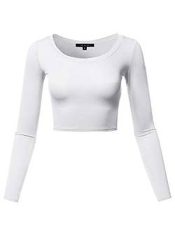 Damen Basic Solid Stretchable Rundhalsausschnitt Langarm Crop Top - Weiß - Groß von A2Y