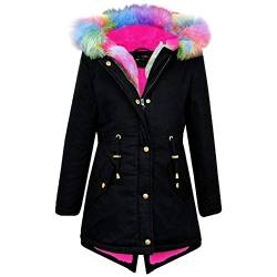 A2Z 4 Kids®, Kapuzenjacke für Kinder/Mädchen, Regenbogen-Kunstfell-Parka-Design, Schuljacken, Mantel, Outdoor-Kleidung, Alter 2, 3, 4, 5, 6, 7, 8, 9, 10, 11, 12, 13 Jahre Gr. 11-12 Jahre, Schwarz von A2Z 4 Kids