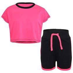 A2Z 4 Kids Schwarz und Neon Crop Top und Shorts Set Kontrastfarbe Kurzarm T Shirt Sommer Outfit 2 Stück Activewear Mädchen Jungen Alter 5-13 Jahre, neon pink, 5-6 Jahre von A2Z 4 Kids