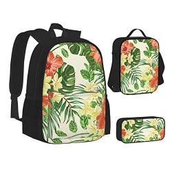 AABSTBFM Büchertaschen-Set mit Alphabet, mit Lunch-Tasche, Federmäppchen, Reise-Laptop-Rucksack, Schultasche, 3-teiliges Set, Hojas Tropicales Y Flores, Einheitsgröße, Schulrucksack von AABSTBFM