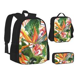 AABSTBFM Bunte Blumen Vogel Schule Büchertaschen Set mit Mittagessen Tasche Federmäppchen Reise Laptop Rucksack Schultasche 3-teiliges Set, Bunte Blumen Vogel, Einheitsgröße, Schulrucksack von AABSTBFM