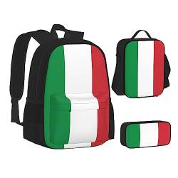 AABSTBFM Bunte Blumen Vogel Schule Büchertaschen Set mit Mittagessen Tasche Federmäppchen Reise Laptop Rucksack Schultasche 3-teiliges Set, Flagge Italien, Einheitsgröße, Schulrucksack von AABSTBFM