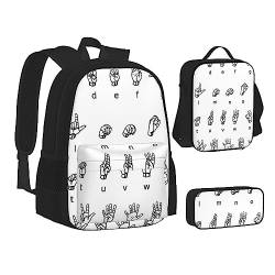 AABSTBFM Bunte Blumen Vogel Schule Büchertaschen Set mit Mittagessen Tasche Federmäppchen Reise Laptop Rucksack Schultasche 3-teiliges Set, Gebärdensprache Alphabet, Einheitsgröße, Schulrucksack von AABSTBFM