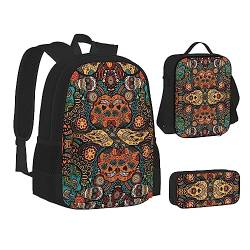 AABSTBFM DNA Chain Foto-Schulbücher-Set mit Lunch-Tasche, Federmäppchen, Reise-Laptop-Rucksack, Schultasche, 3-teiliges Set, Bunte Sugar Skulls, Einheitsgröße, Schulrucksack von AABSTBFM