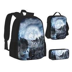 AABSTBFM Game Video Gaming Schule Büchertaschen Set mit Mittagessen Tasche Federmäppchen Reise Laptop Rucksack Schultasche 3-teiliges Set, Moon Wolf, Einheitsgröße, Schulrucksack von AABSTBFM