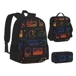 AABSTBFM Game Video Gaming Schule Büchertaschen Set mit Mittagessen Tasche Federmäppchen Reise Laptop Rucksack Schultasche 3-teiliges Set, Spiele-Videospiel-Muster, Einheitsgröße, Schulrucksack von AABSTBFM