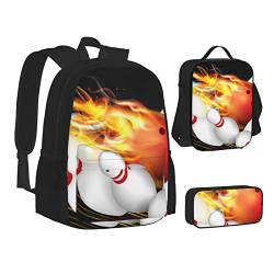 AABSTBFM Gelbe Blätter Huhn Schule Büchertaschen Set mit Mittagessen Tasche Federmäppchen Reise Laptop Rucksack Schultasche 3-teiliges Set, Bowlingball, Einheitsgröße, Schulrucksack von AABSTBFM