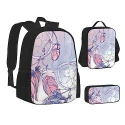 AABSTBFM Gelbe Blätter Huhn Schule Büchertaschen Set mit Mittagessen Tasche Federmäppchen Reise Laptop Rucksack Schultasche 3-teiliges Set, Indianer Traumfänger, Einheitsgröße, Schulrucksack von AABSTBFM