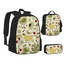 AABSTBFM Gelbe Blätter Huhn Schule Büchertaschen Set mit Mittagessen Tasche Federmäppchen Reise Laptop Rucksack Schultasche 3-teiliges Set, Yellow Leaves Huhn, Einheitsgröße, Schulrucksack von AABSTBFM