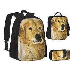 AABSTBFM Happy Dolphin Schul-Büchertaschen-Set mit Lunchtasche, Federmäppchen, Reise-Laptop-Rucksack, Schultasche, 3-teiliges Set, Golden Retriever, Einheitsgröße, Schulrucksack von AABSTBFM