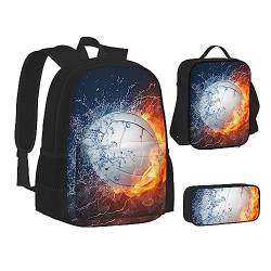 AABSTBFM Happy Dolphin Schul-Büchertaschen-Set mit Lunchtasche, Federmäppchen, Reise-Laptop-Rucksack, Schultasche, 3-teiliges Set, Ice and Fire Volleyball, Einheitsgröße, Schulrucksack von AABSTBFM