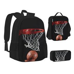 AABSTBFM Libelle Malerei Schule Büchertaschen Set mit Mittagessen Tasche Federmäppchen Reise Laptop Rucksack Schultasche 3-teiliges Set, Basketball, Einheitsgröße, Schulrucksack von AABSTBFM