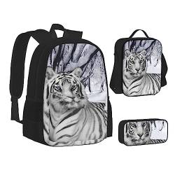 AABSTBFM Mädchen Tanzschmetterling Schule Büchertaschen Set mit Mittagessen Tasche Federmäppchen Reise Laptop Rucksack Schultasche 3-teiliges Set, weißer tiger, Einheitsgröße, Schulrucksack von AABSTBFM