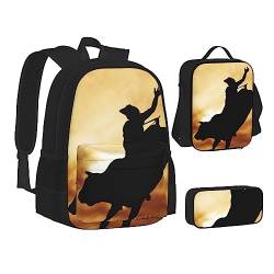 AABSTBFM Red Panda Schulbücher-Set mit Lunch-Tasche, Federmäppchen, Reise, Laptop, Rucksack, Schultasche, 3-teiliges Set, Cooles Bull-Reiten, Einheitsgröße, Schulrucksack von AABSTBFM