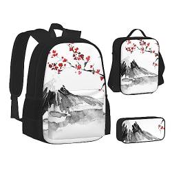 AABSTBFM Red Panda Schulbücher-Set mit Lunch-Tasche, Federmäppchen, Reise, Laptop, Rucksack, Schultasche, 3-teiliges Set, Japanischer Berg rote Sonne, Einheitsgröße, Schulrucksack von AABSTBFM