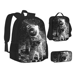 AABSTBFM Schlangenhaut Schule Büchertaschen Set mit Mittagessen Tasche Federmäppchen Reise Laptop Rucksack Schultasche 3-teiliges Set, Lunar Astronaut, Einheitsgröße, Schulrucksack von AABSTBFM