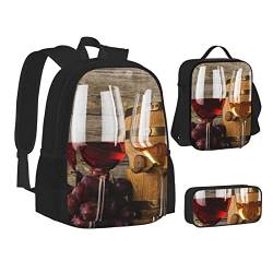 AABSTBFM Schulbücher-Set mit Hundepfotenmuster, mit Lunch-Tasche, Federmäppchen, Reise-Laptop-Rucksack, Schultasche, 3-teiliges Set, Art Rotwein Galsses & Trauben, Einheitsgröße, Schulrucksack von AABSTBFM