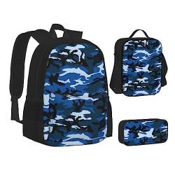 AABSTBFM Schulranzen-Set mit blauen Streifen, Sterne, Totenkopf, mit Lunch-Tasche, Federmäppchen, Reise-Laptop-Rucksack, Schultasche, 3-teiliges Set, blau camouflage, Einheitsgröße, Schulrucksack von AABSTBFM