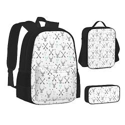 AABSTBFM Schulranzen mit Totenkopf-Motiv, mit Lunch-Tasche, Federmäppchen, Reise, Laptop, Rucksack, Schultasche, 3-teiliges Set, Jagdpfeile Dreiecke Hirsch, Einheitsgröße, Schulrucksack von AABSTBFM