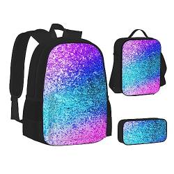 AABSTBFM Schwarz und Gold Hintergrund Schule Büchertaschen Set mit Mittagessen Tasche Federmäppchen Reise Laptop Rucksack Schultasche 3-teiliges Set, Glitzer-Pailletten., Einheitsgröße, Schulrucksack von AABSTBFM