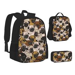 AABSTBFM Schwarz und Gold Hintergrund Schule Büchertaschen Set mit Mittagessen Tasche Federmäppchen Reise Laptop Rucksack Schultasche 3-teiliges Set, Imagen de Pug, Einheitsgröße, Schulrucksack von AABSTBFM