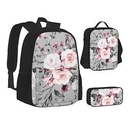 AABSTBFM Schwarz und Gold Hintergrund Schule Büchertaschen Set mit Mittagessen Tasche Federmäppchen Reise Laptop Rucksack Schultasche 3-teiliges Set, Pflanze, Blumen., Einheitsgröße, Schulrucksack von AABSTBFM