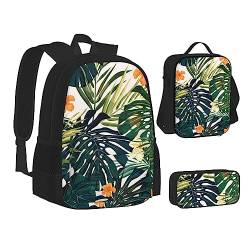 AABSTBFM Sunset Hawaiianische Palme Schulbücher-Set mit Lunchtasche, Federmäppchen, Reise, Laptop, Rucksack, Schultasche, 3-teiliges Set, Tropische Sommer-Hawaii-Blume, Palmenblätter, Einheitsgröße, Schulrucksack von AABSTBFM