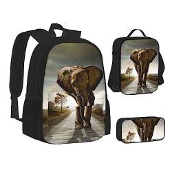 AABSTBFM Tropischer Strand Palme Sonnenuntergang Schule Büchertaschen Set mit Mittagessen Tasche Federmäppchen Reise Laptop Rucksack Schultasche 3-teiliges Set, 3D-Elefant, Einheitsgröße, von AABSTBFM