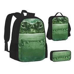 AABSTBFM Zwei graue Wolfsschul-Büchertaschen-Set mit Lunchtasche, Federmäppchen, Reise-Laptop-Rucksack, Schultasche, 3-teiliges Set, Gator Lurking Green, Einheitsgröße, Schulrucksack von AABSTBFM