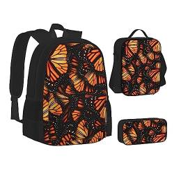 AABSTBFM Zwei graue Wolfsschul-Büchertaschen-Set mit Lunchtasche, Federmäppchen, Reise-Laptop-Rucksack, Schultasche, 3-teiliges Set, Heaps of Orange Monarch Schmetterlinge, Einheitsgröße, von AABSTBFM