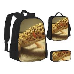 AABSTBFM Zwei graue Wolfsschul-Büchertaschen-Set mit Lunchtasche, Federmäppchen, Reise-Laptop-Rucksack, Schultasche, 3-teiliges Set, Sand Leopard Gecko, Einheitsgröße, Schulrucksack von AABSTBFM