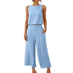 AACH Damen Zweiteilige Outfits Leinen Freizeitanzug Sommer Tank Top und Hose 2 Teiler Hosenanzug Casual Einfarbig Jogginganzug Elegant Leicht Loungewear mit Taschen Strand Leinenanzug von AACH