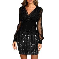 AACH Elegant Damen Glitzerkleid Cocktailkleider Glitzer Etuikleid mit Spitze Eng Pailletten Langarm Pailettenkleider für Glitzer Abendkleid V-Ausschnitt Partykleid Club Kleid Outfits von AACH