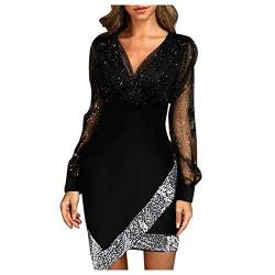 AACH Kleid Damen V-Ausschnitt Partykleid Elegant Glitzerkleid Club Outfits Cocktailkleider Glitzer Etuikleid mit Spitze Eng Pailletten Langarm Pailettenkleider für Glitzer Abendkleid von AACH