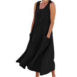 AACH Leinenkleid Damen Sommer Kleid Knielang Freizeitkleid Baumwolle Leinen Strandkleid U-Ausschnitt Sommerkleid Ärmelloses Boho Leinenkleider Einfarbig Strandkleider mit Taschen Kleider von AACH