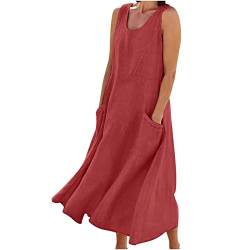 AACH Leinenkleid Damen Sommer Kleid Knielang Freizeitkleid Baumwolle Leinen Strandkleid U-Ausschnitt Sommerkleid Ärmelloses Boho Leinenkleider Einfarbig Strandkleider mit Taschen Kleider von AACH