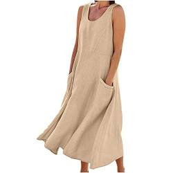 AACH Leinenkleid Damen Sommer Kleid Knielang Freizeitkleid Baumwolle Leinen Strandkleid U-Ausschnitt Sommerkleid Ärmelloses Boho Leinenkleider Einfarbig Strandkleider mit Taschen Kleider von AACH