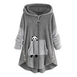 AACH Plüschjacke Damen Warm Wintermantel Fleece Plüschmantel mit Reißverschluss Sweatjacke Stilvolle Sweatshirt mit Kapuze Kapuzenpulli Dicke Warm Hoodies Panda-Druck Wickeljacke von AACH