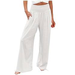 AACH Sommer Leinenhose Damen Leichte Weite Hose Boho Sommerhose Hohe Taille Bequem Stoffhose Casual Einfarbig Freizeithose Strand Leichte Hosen Palazzo-Hose mit Taschen Sporthose von AACH