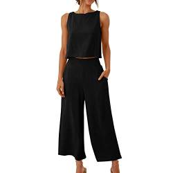 AACH Zweiteilige Damen Outfits Leinen Freizeitanzug Sommer Tank Top und Hose 2 Teiler Hosenanzug Casual Einfarbig Jogginganzug Elegant Leicht Loungewear mit Taschen Strand Leinenanzug von AACH