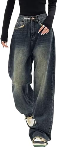 AALLYN Baggy Jeans Damen Jeans Hose mit Hoher Taille Y2K Style Harajuku E-Girl Streetwear Hose Casual Baggy Vintage Denim Hose Freizeit Loose Gerade Hosen Baggy Boyfriend Jeans(Size:Groß,Color:Blau) von AALLYN