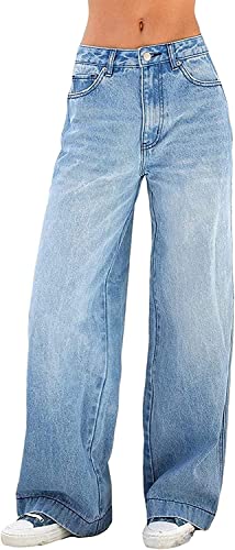 AALLYN Damen High Waist Jeans Y2K E-Girl Frauen Jeanshosen Gradient Baggy Jeans Vintage Wide Leg Jeans Schlaghose 90er Streetwear Harajuku Baggy Hose(Size:Groß,Color:blau) von AALLYN