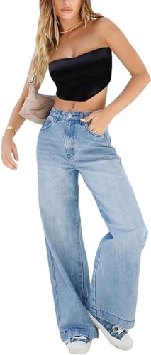 AALLYN Damen Jeanshosen mit Hoher Taille Y2K Style Harajuku E-Girl Streetwear Hose Casual Weite Baggy Denimhose Vintage Schlaghosen(Size:X-Klein,Color:Blau) von AALLYN