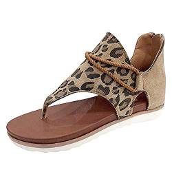 AARDIMI Damen Sommer Flat Heel Round Toe Back Reißverschluss Sandalen Frauen Peep Toe Casual Flip Flop Schuhe (Gelber Leopardenmuster, Numeric_36) von AARDIMI