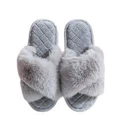 Frauen Offene Zehen Fuzzy Hausschuhe,Niedliche Haus Schuhe Indoor Outdoor Warm Bequem Atmungsaktiv Für Herbst Und Winter (Color : Grey, Size : 9-10) von AAROMA