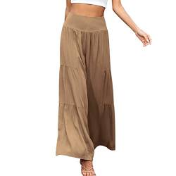 ABAFIP Damen Elastische Hohe Taille Leinen Weites Bein Palazzo Hose Boho Loose Fit Sommer Casual Flowy Lounge Hose, Khaki, S von ABAFIP