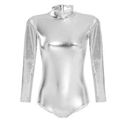 ABAFIP Damen Metallic Flüssigkeit glänzend Langarm Gymnastik Ballett Tanz Leotard Body Kunstleder Bühne Tanzkleidung Kostüm, silber, L von ABAFIP