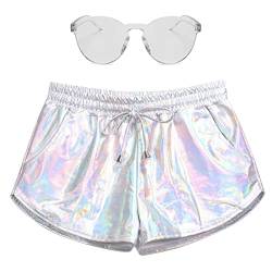 Damen Metallic Glänzende Shorts Sparkly Hot Dance Bottoms Kurze Hosen Rave-Musik Festival Outfits mit Sonnenbrille, Hologramm, Klein von ABAFIP