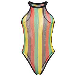 Damen Rave Rainbow Striped Fischnetz Bikini Cover Up Ärmellos Neckholder Bodysuit Beachwear Badeanzug, gelb, Medium von ABAFIP